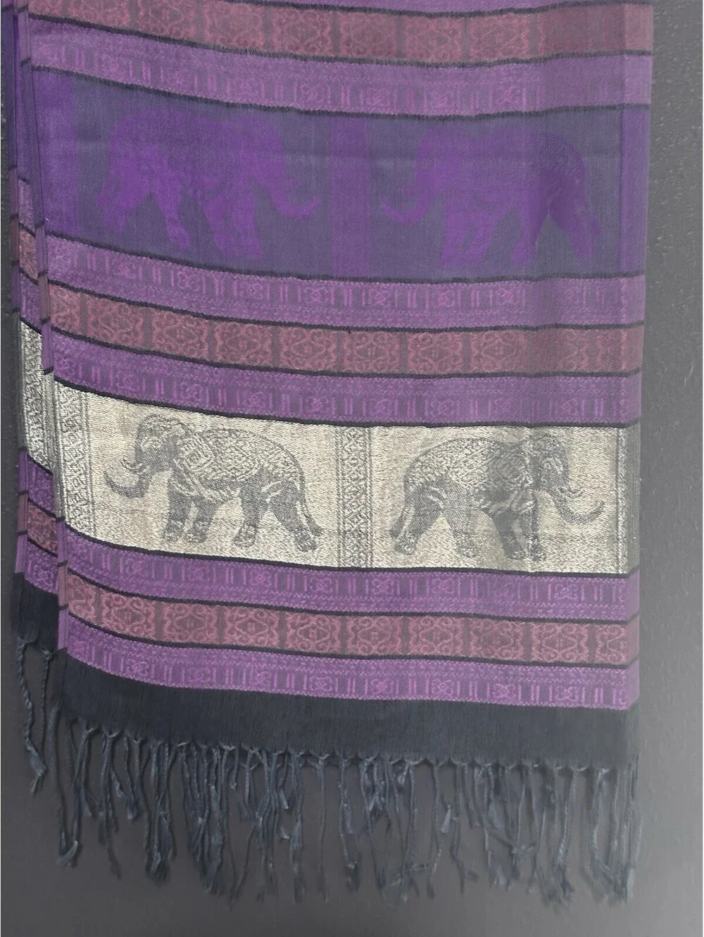Pashmina Purple Silver  Pink 100% Cashmere Scarf EUC Elephants